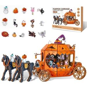 NWT 3D Wooden Pumpkin Puzzle Music Box Lights and Running Horse- Drawn Carriage